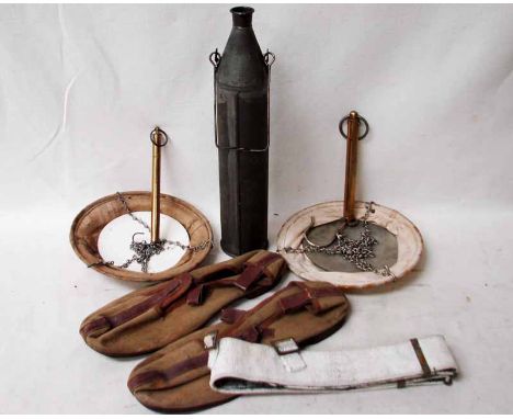 WW2, an 8th Army Water Tester or Well Dipper, two sets of Shell Charge Weighing Baskets on brass spring balance, a pair of mi