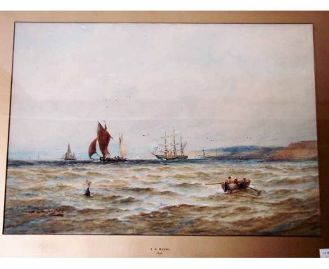 Thomas Bush Hardy (British 1842-1897), Coastal Seascape with Sailing Vessels, Lighthouse and Cliffs, signed watercolour, 44cm