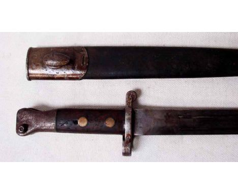 A UK patent 1888 Mk III Bayonet, market Wilkinson London, other mark worn, 30cm steel blade, wooden grips retained by brass r