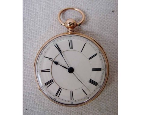 An 18ct gold cased open  face Keywind Pocket Watch, centre seconds, white enamel dial with Roman numerals and Arabic numbers 