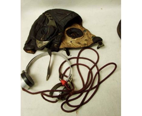 WW2, a leather Flying Helmet with a pair of Sterling Headphones (2) 
