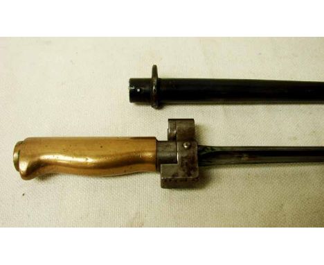 A French M1886 pattern Lebel Bayonet, 52cm cruciform section blade, stamped 10522, push button release, plain brass grip, tap