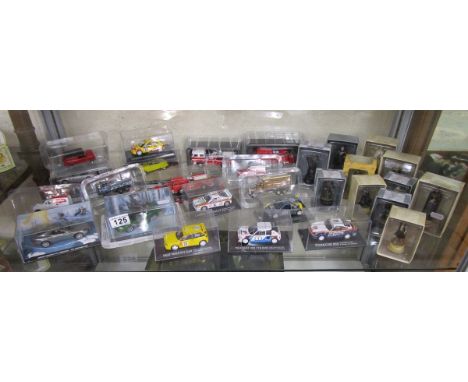 Shelf of diecast cars and fantasy figures chess pieces To include Lord of the Rings pieces