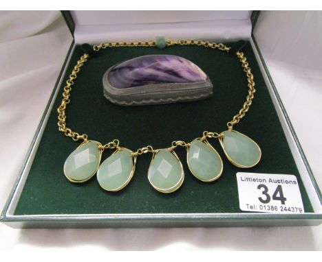 Stone set necklace and unusual shell snuff box