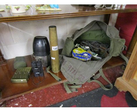 Shelf of militaria / camping equipment in canvas bag