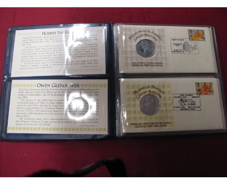 A Set of Four Limited Edition Silver Medallions, by John Pinches, Great Britons Medallic First Day Covers to include Robert T