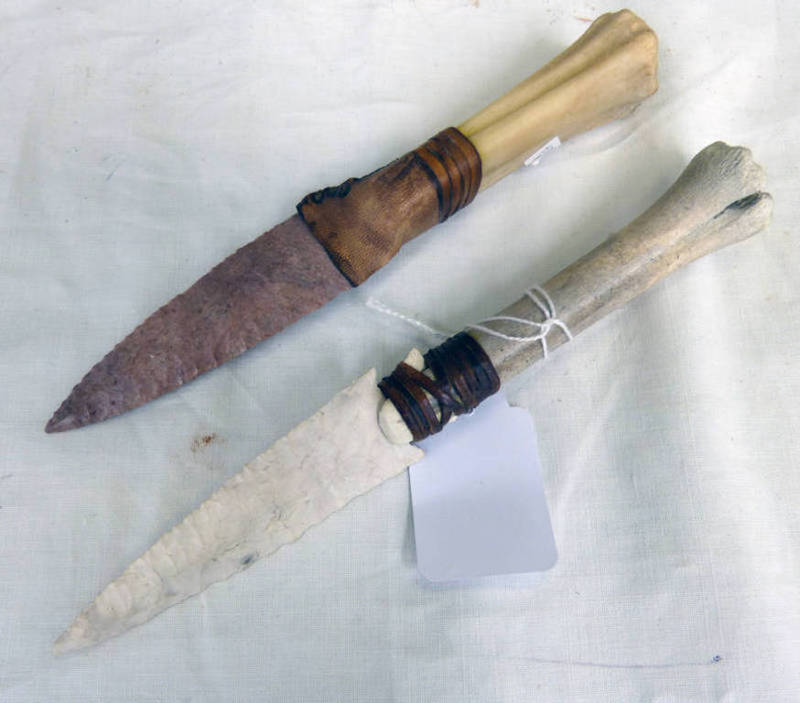 2 NATIVE AMERICAN FLINT BLADED KNIVES WITH ANIMAL BONE HANDLES - 2