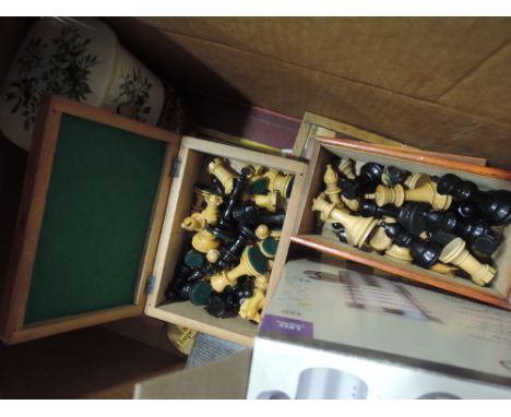 A box of vintage toys and games including Lone Star and similar plastic military figures, two treen chess sets, Viewmaster wi