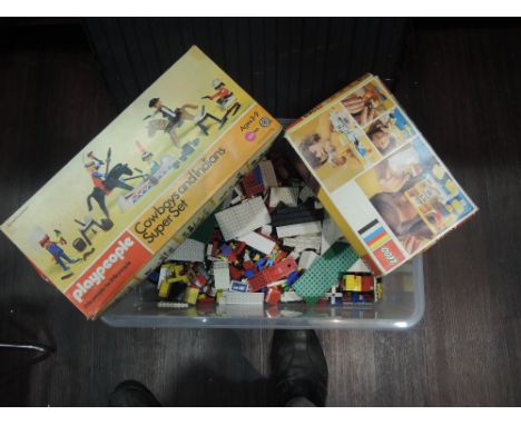 Two boxes of vintage Lego including part set 263 with original box, figures and pieces along with Marx Toys Playpeople Cowboy