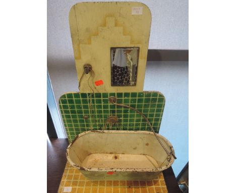 A vintage Doll's House Tin Bath and Shower with Tap on wooden stand with mirror