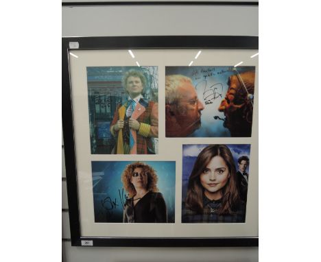A framed montage, Dr Who, four photographs of Colin Baker, Alex Kingston, Jenna Coleman and Terry Molley, all bearing signatu