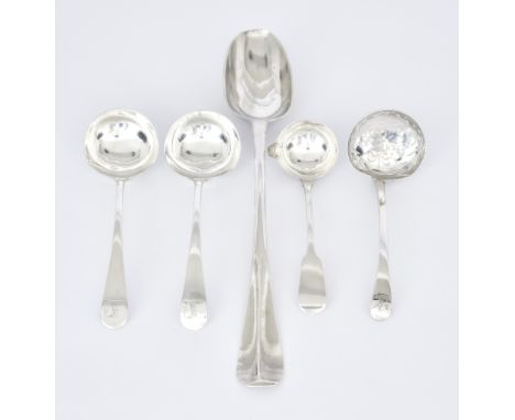 A George II Irish Silver Hanoverian Rat-Tail Pattern Gravy Spoon and Four Silver Ladles, the gravy spoon by Joseph Teathe, da
