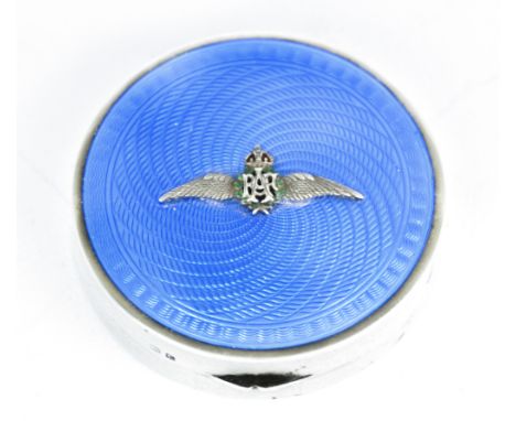 A George V Silver and Blue Enamel RAF Circular Compact, by John William Barrett, Birmingham, 1927, the guilloche enamel to li