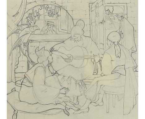 A. E. Halliwell (1905-1987) - Pencil sketch for Poster - Spanish interior with a lady playing guitar while others look on, un