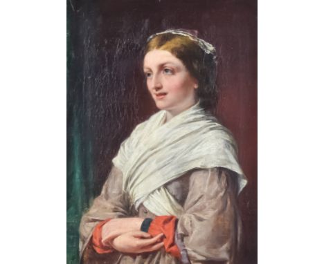 19th Century British School - Oil painting - Half length portrait of a young woman wearing white shawl, canvas 11.5ins x 8.5i