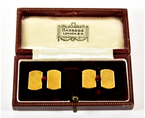 A Pair of 18ct Gold Engine Turned Cufflinks, total gross weight 11g,  in Harrods fitted box