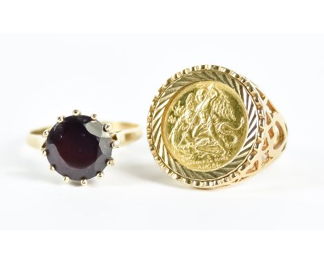 A 9ct Gold Token Ring, size O, and a 9ct gold gem set ring, size N, total gross weight 9.8g
