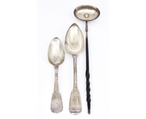 A Late 18th Century Silvery Metal Punch Ladle and Two French Silver Spoons, the punch ladle with twisted whale bone handle, s