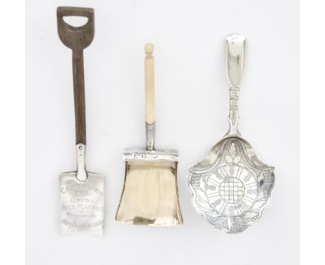 A George II Silver Caddy Spoon and Two Other Spoons, the fiddle pattern caddy spoon by Joseph Taylor, Birmingham, 1813, with 