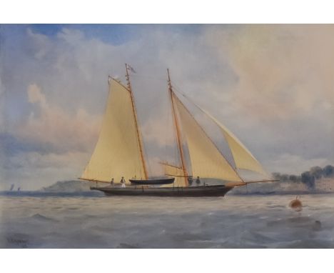 Thomas Sewell Robins (1810-1880) - Watercolour - Study of a yacht in calm sea, with city scape to background, 'America', firs