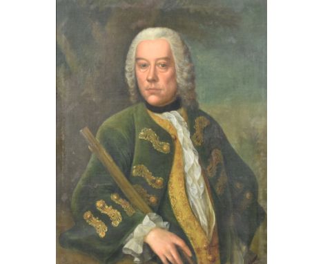 18th Century English School - Oil painting - Half length portrait of country gentleman in hunting greens, relined canvas 34in