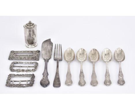 Three Victorian Silver Rectangular Buckles and Mixed Silver Ware, the larger buckle by Miller Brothers, London, 1899, pierced