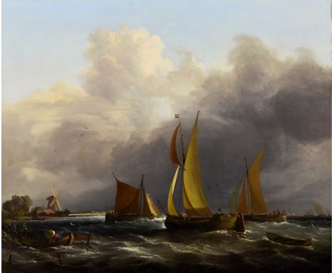 Edward Williams (1782-1855) - Oil painting - Seascape with fishing boats in a squally sea, with windmill and shore to backgro