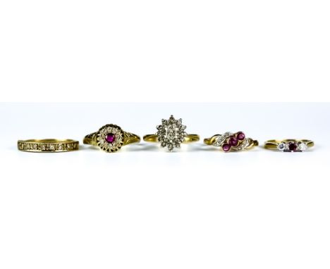 Five Gem Rings, Modern, 9ct gold, comprising - three stone ruby and diamond ring, size H, flower head ruby and diamond ring, 