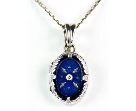 A Diamond and Enamel Locket, Modern, 18ct white gold, by Faberge, decorated with enamel and set with one small diamond to cen