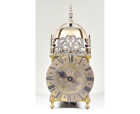 A Late 19th/Early 20th Century Brass Cased Lantern Clock of "17th Century" Design, the 6.5ins chapter ring with Roman numeral