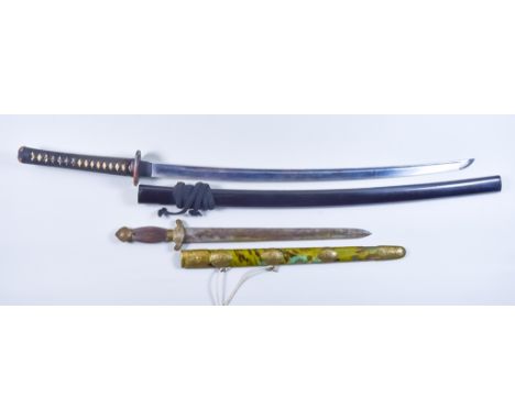 A Presentation  Katana Sword, 29ins plated blade, cotton wrapped hilt, copper tsuba, plain black lacquered saya, 41ins overal