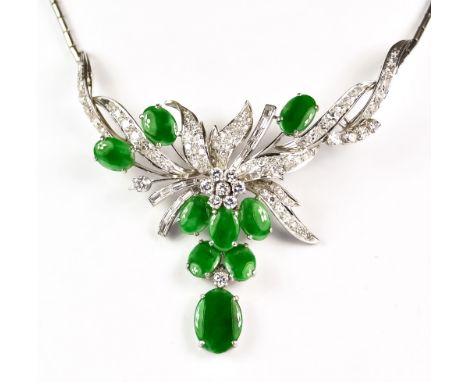 A Diamond and Jade Necklace, Modern, platinum, set with nine cabochon jade stones, and diamonds approximately 2.5ct total, in