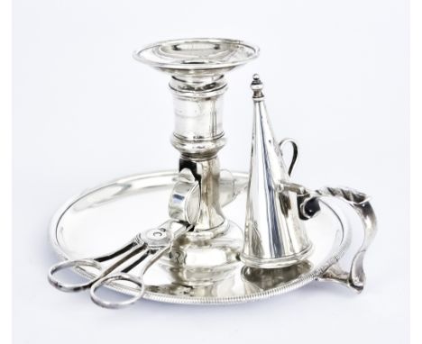 A George III Silver Circular Chamber Candlestick and a Pair of Candle Snuffers, the candlestick By Augustin Le Sage, London 1