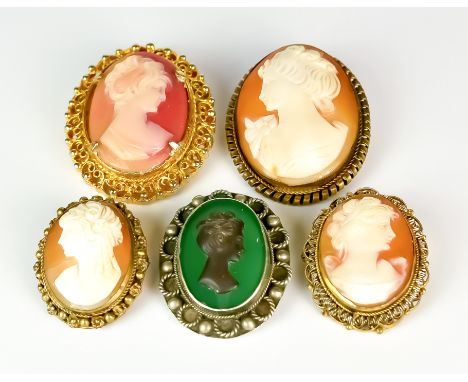 A Quantity of Silver, Gilt Metal and Costume Cameo Brooches and Pins, Modern, comprising - fourteen assorted cameos in variou