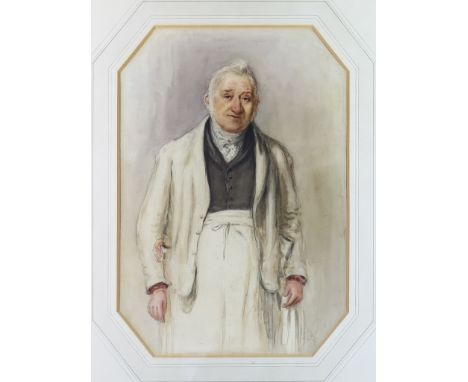 J.R. Ash (19th Century School) - Pencil and watercolour drawing - Three quarter length portrait of a gentleman wearing apron,
