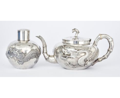 A Chinese Export Silver Teapot and Tea Caddy and Cover, Late 19th/Early 20th Century, the teapot by Wing Nam &amp; Co. Hong K