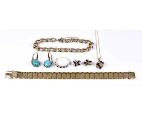 A Mixed Lot of 9ct Gold Items, comprising - flat link bracelet,180mm in length, flat curb bracelet, 185mm in length, a small 