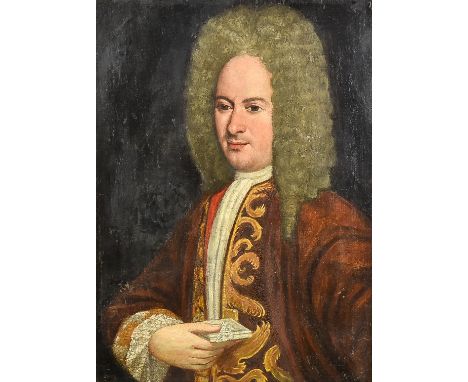 18th Century English School - Oil painting - Shoulder length portrait of a bewigged gentleman wearing a red coat with gold tr