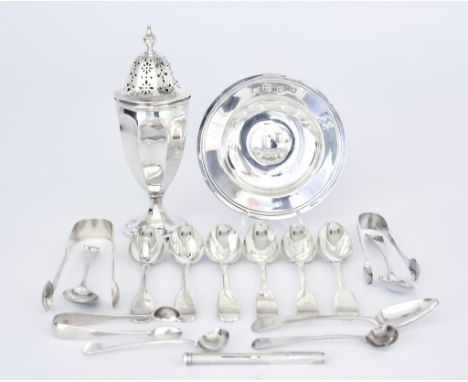 An Edward VII Scottish Silver Sugar Caster and Mixed Silver Ware, the sugar caster by Hamilton &amp; Inches, Edinburgh 1906, 