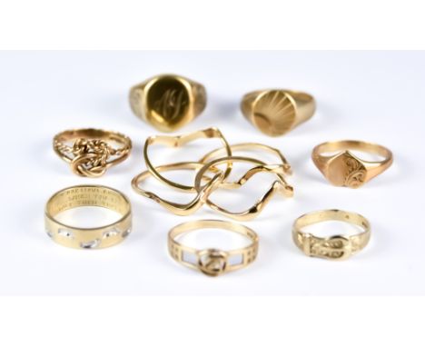 A Mixed Lot of 9ct Gold Rings, Modern, comprising - one puzzle ring, size L, one gentleman's signet ring, size I, one small s