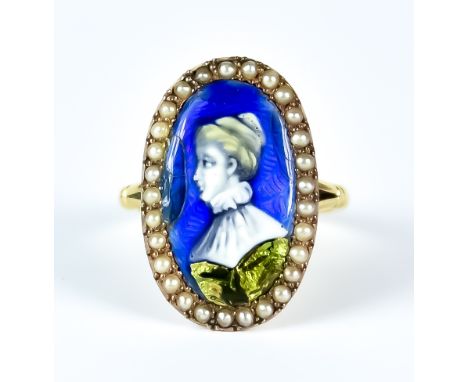 A Seed Pearl and Enamel Ring, yellow metal set with oval enamel panel depicting the profile of a young lady surrounded by sma