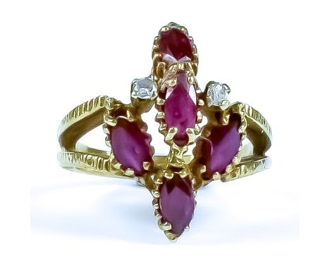 A Ruby and Diamond Cluster Ring, Modern, 14ct gold, set with five faceted rubies, approximately 1ct total, and two small bril
