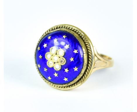 A Seed Pearl and Enamel Ring, yellow metal,  size R+, gross weight 7g Note: Metal unmarked but tests as 9ct