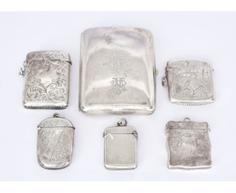 An Edward VII Silver Cigarette Case and Five Silver Vesta Cases, the cigarette case by William Neale, Chester 1902, of plain 