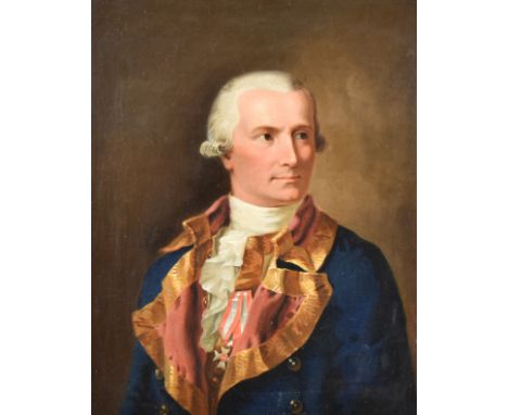 18th Century Continental School - Oil painting - Half length portrait of a Gentleman wearing gold trimmed frock coat, and wit