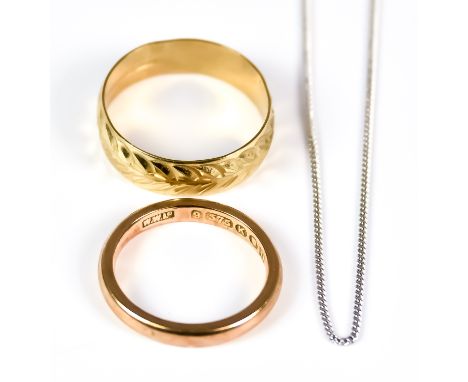 A Mixed Lot of Gold Items, Modern, comprising - 18ct white gold fine chain, 440mm in length, gross weight 1.7g, two 9ct gold 