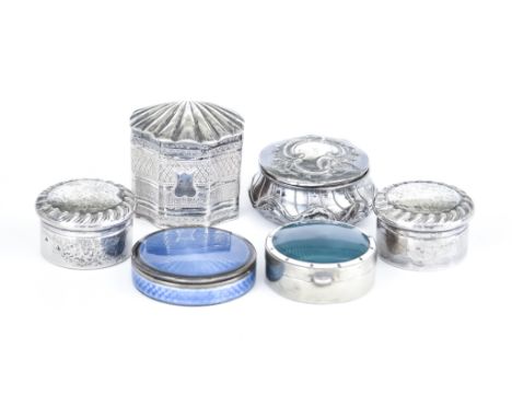 An Edward VII Silver and Enamel Circular Box and Five Other Boxes, the circular box by S Blackensee &amp; Son Ltd, Birmingham