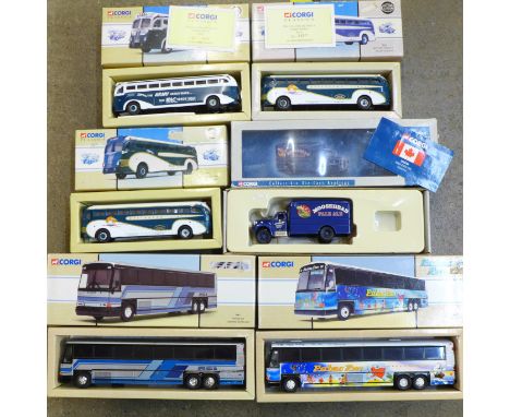 Five Corgi Classic die-cast coaches, a Corgi die-cast From The Canadian Collection III die-cast vehicle, boxed and a Heller 1