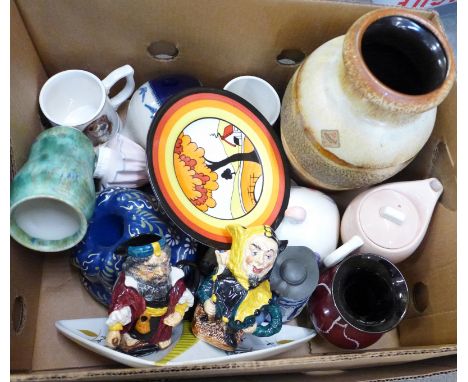 Two Royal Doulton figures, Rose and Lily, a Wedgwood Clarice Cliff plate, Scheurich West German vase, etc. 