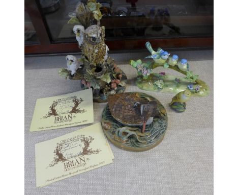 Two Brian Hollingworth ceramic bird sculptures, Family of Long-Eared Owls and Great Crested Grebe, with certificates and two 